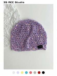 Handmade Sequin Hollow-Out Mesh Cap, Fashionable Retro Versatile Beanie Hat, Minimalist Knitted Headwrap, Shiny Knitted Beanie, Fishnet Cap, Lightweight Breathable Knitted Beanie For Spring & Summer - Multicolor - View 13