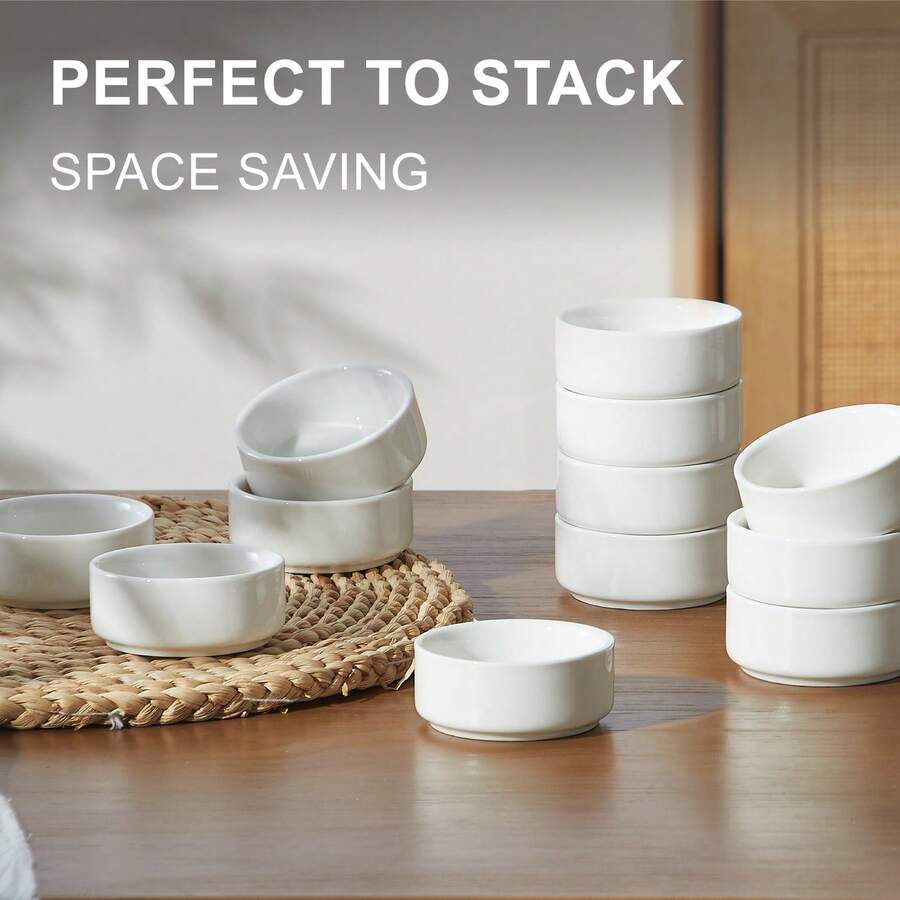 12Pcs Mini Ceramic Dipping Bowls, 2oz Small Sauce Dishes, Stackable White Porcelain Cups For Soy Sauce, Dessert & Condiments, Kitchen Essentials - 白色 - 查看 1