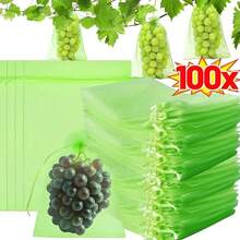 100PCS Reusable Fruit Protection Mesh Bags With Drawstring Insect Proof Pest Barrier Breathable Net Covers For Grapes Tomatoes Bananas Peaches Apples Flowers Plants Garden Orchard Protection Supplies - Green - View 1