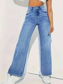 Jeans rectos de cintura alta lavados de estilo casual para primavera - Celeste - Ver 1