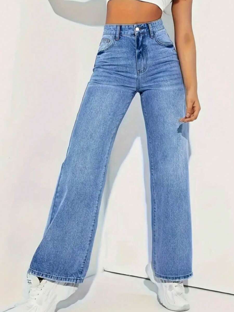 Jeans rectos de cintura alta lavados de estilo casual para primavera - Celeste - Ver 1