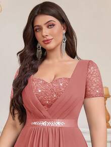 Plus Size Sweetheart Neckline Sequin Floral Lace Contrast Color Rhinestone Satin Waist Chiffon Ruffle Hem Formal Party Maxi Dress, Suitable For Wedding Guest, Prom, Birthday, Banquet, Holiday And Other Occasions Elegant Summer - Dusty Pink - View 8