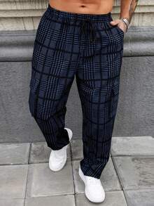 1 pieza Pantalones casuales rectos con cordón y ajuste holgado con estampado para hombres, primavera - Azul - Ver 3