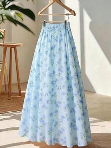 Chân váy maxi dáng chữ A cạp cao thanh lịch dành cho nữ, chất liệu polyester, họa tiết hoa xếp ly, phong cách bohemian, thích hợp cho kỳ nghỉ. - Màu xanh nhạt - Xem 2