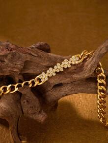 1 Piece Fashion Classic Shiny Plated 18k Gold Five Flower-Patterned Zirconia Inlaid Bracelets, Suitable For Women's Daily Wear , Excluding Box - Five Flower Bracelet - View 3