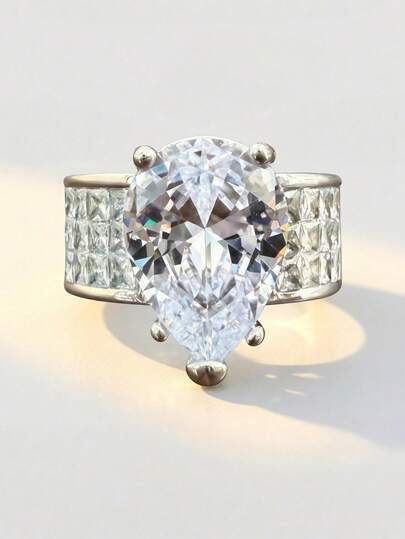 1pc Fashion Cubic Zirconia Pear-Shaped Decorative Ring, Suitable For Women's Daily Wear, Wedding, Engagement, Valentine's Day, Party Gift