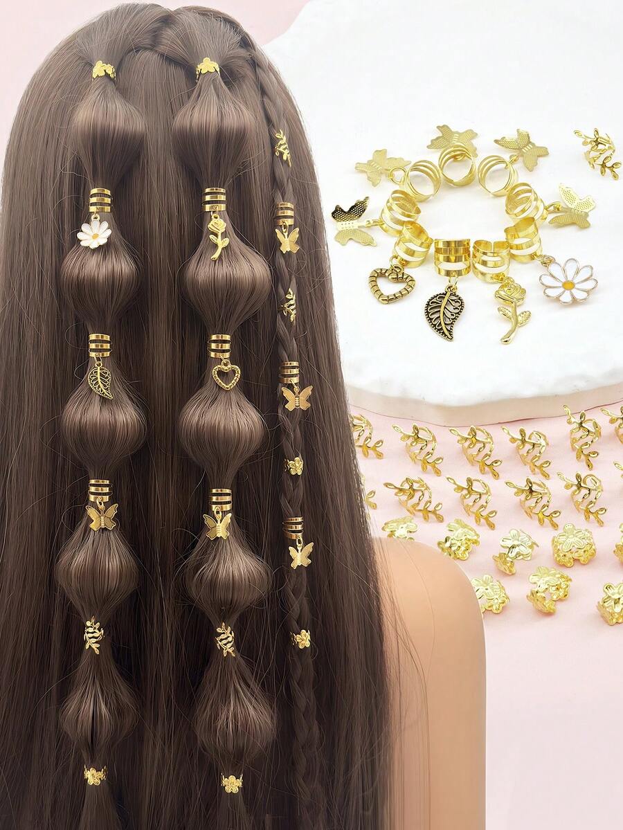 49 chiếc dây buộc tóc bằng kim loại hình bướm, hoa cúc, hoa hồng, trái tim - Phụ kiện tóc phong cách Bohemian hoa lá thanh lịch, phù hợp với kiểu tóc tết và lược điều chỉnh. - Vàng - Xem 1