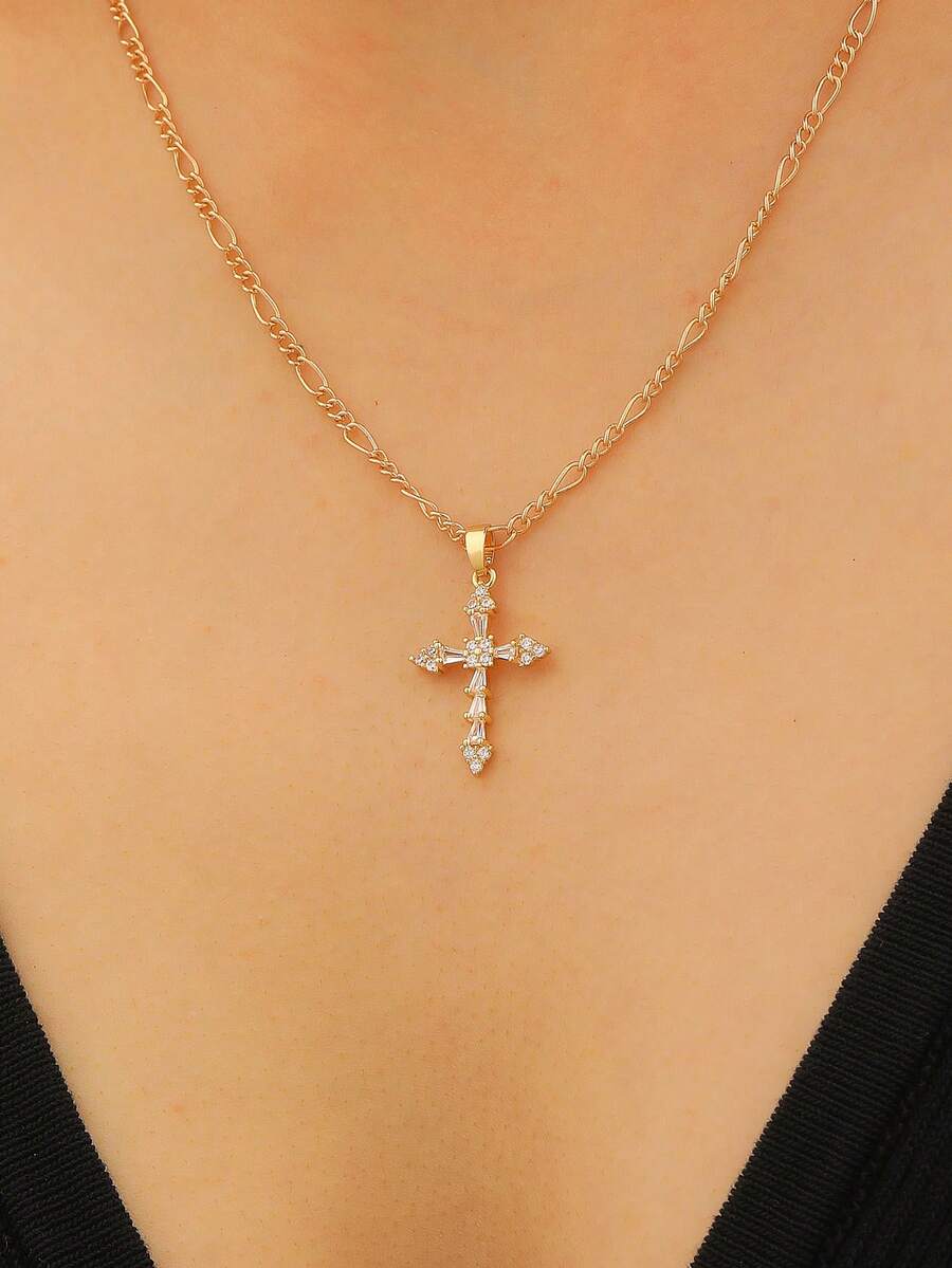 1件优雅复古基督教十字架吊坠铜质水钻项链，女士项链，适合日常佩戴、派对配饰、时尚珠宝、首饰配件 - 金色 - 查看 1