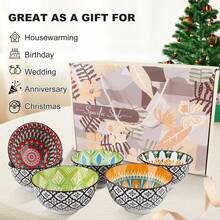 Set Of 6 Ceramic Bowls 10 Oz, Bohemian Ceramic Bowl Set, Bohemian Style Small Vintage Bowl Gift, 4 Color Kitchen Cutlery Serving Bowl, Can Hold Cereal, Soups, Desserts, Snacks, Fruit, Salads; Microwave, Oven, Refrigerator And Dishwasher - Perfect For Dining And Gifts - 彩色 - 查看 9