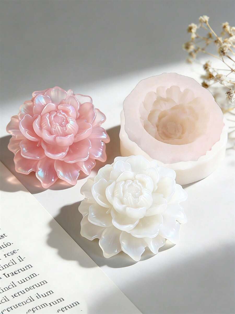 Handmade 3D Peony Flower Silicone Mold, Fragrant Candle Soap Stone Plaster Mold, DIY Home Fragrance Crystal Epoxy Resin Drip Glue Mold, Floral Design Plaster Craft Durable Decorative Mold - White Silicone Mold - View 1