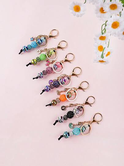 1pc Colorful Striped Beaded Keychain - Colorful Striped Beads With Rhinestone Accents, Cute Daily Bag Accessory, Ideal For Holiday Party Outfits
