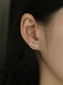1 par de pendientes de flor de 5 pétalos estilo coreano, pendientes de botón con brillantes en forma de estrella, joyas de moda minimalistas con estética forestal - Plateado - Ver 7