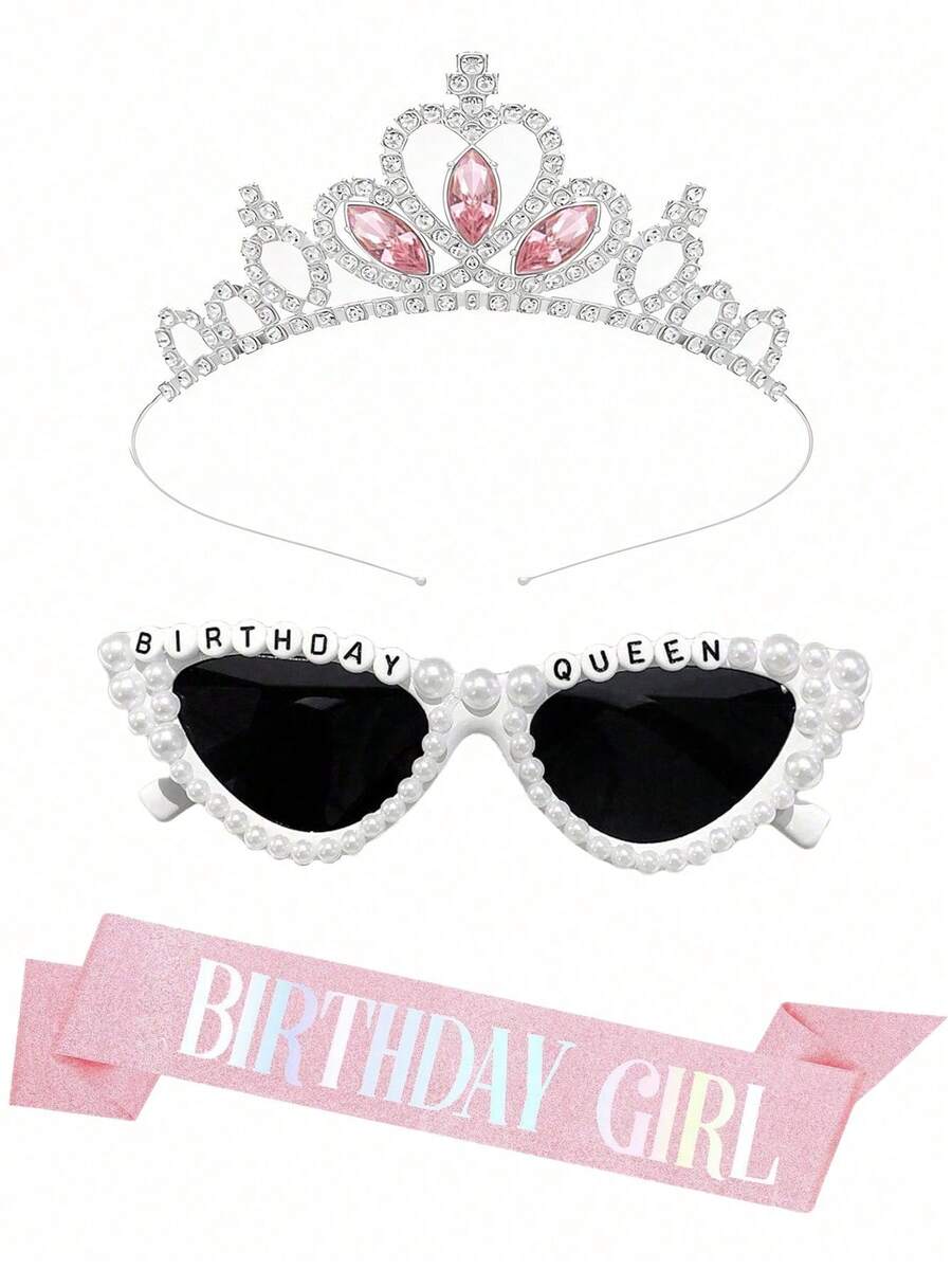 3pcs Birthday Girl Accessories Set, Including Pink Glitter Birthday Queen Belt, Headband, Suitable For Women, Princess Party Decorations Birthday Gift - Crown Headband Set - View 1