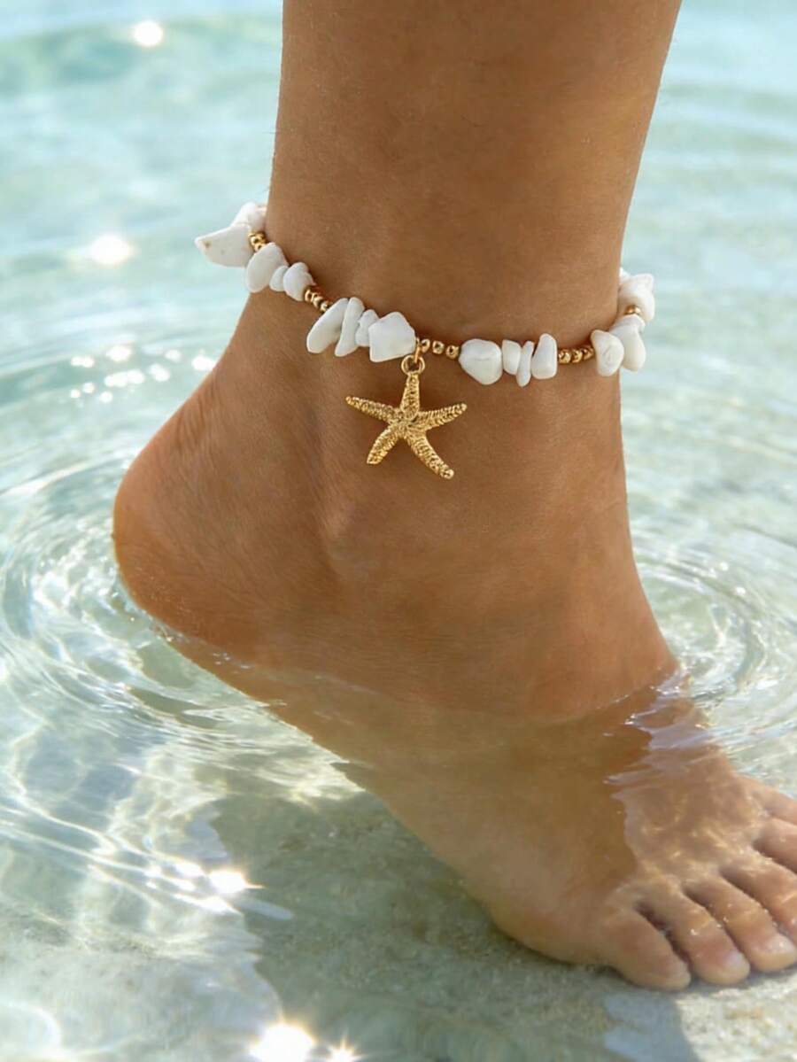 1pc Bohemian Style Metal Starfish & Bead Anklet, Unique Design Foot Jewelry, Practical Gift For Girlfriend/Best Friend