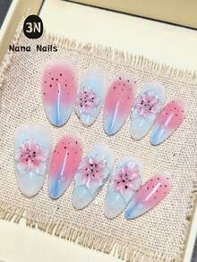 1包/10片杏仁形手工按压式美甲贴片，美甲用品，水晶百合花园：精致的手工长款按压式美甲贴片，饰有3D磨砂百合和双色花朵，柔和的蓝粉渐变色——打造甜美梦幻的美甲，优雅日常佩戴。 - 淺藍色 - 查看 1