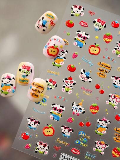 1 قطعة ملصقات فن أظافر كلب سفر مع نظارات وقبعة بطبعات فراولة وتفاح وأشكال كرتونية أمريكية مرتفعة، ملصقات لاصقة 5D للمناسبات اليومية والحفلات، مناسبة لعشاق الحيوانات الأليفة