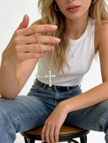 1pc 18K Gold Plated Stainless Steel Cross Pendant Necklace With Faux Pearl, Elegant Necklace Suitable For Mother's Day Gift And Daily Wear - Gold - View 1