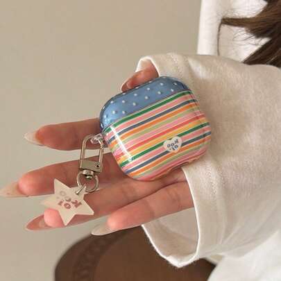 Creative Colorblock Striped Star Pendant Earphone Case Suitable Compatible With Airpods Pro 2, Cute & Minimalist Design Compatible With Apple 3/4, 1/2 Protective Case For Women