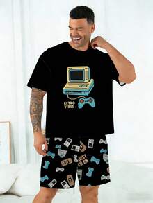 Ensemble pyjama grande taille pour hommes | Top à col rond et manches courtes et short décontracté à taille élastique, ensemble 2 pièces | Tissu en tricot de polyester, doux et respirant ample | Imprimé motif console de jeux rétro, design décontracté - Noir - Voir 7