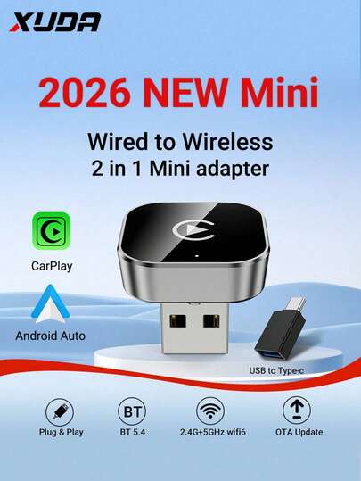  2026 New XUDA 2-In-1 Wireless CarPlay/Android Auto Adapter, 2.4-5.0 GHz WiFi6 Carplay Converter, Wired To Wireless, Fast Auto-Connect Smart Box, No Latency, Compact Design, Fashionable Portable, Sleek & Compact, Compatible With IPhone & Android, With USB/USB-C Port, No Battery