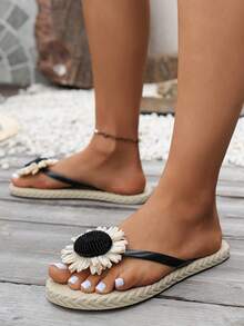 Damen Mode Flip Flops mit Sonnenblumen Blumenmuster, leicht und weich, geeignet für Outdoor, Urlaub, Strand, Pool, Badezimmer - Beige - Übersicht 4