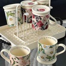 1 Set Of 6pcs 300ml [With 3pcs Spoons] Retro Glazed Floral Mugs, Heat-Resistant Ceramic Tea Cup Set, High-End Housewarming Gift - Multicolor - View 11