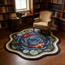 1pc Deep Blue Two Goldfish & Lotus Leaf Design Living Room Floor Mat, Bedroom Decor, Home Casual Carpet, Decorative Rug, Washable - Multicolor - View 6