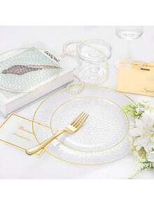 50pcs/Set Transparent Gold Rim Hammered Round Plates, 10.25 Inch Large Plate, 7.5 Inch Plate, Reusable And Easy To Clean Lovely Dinnerware, Suitable For Weddings, Birthday Parties, Family Gatherings, Outdoor Team Building, Schools, Back To School Events - View 7