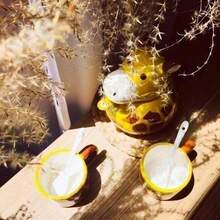 一套创意3D长颈鹿动物马克杯茶壶，手绘陶瓷杯带盖勺，可装咖啡、牛奶、茶，生日礼物，送给朋友 - 黃色 - 查看 6