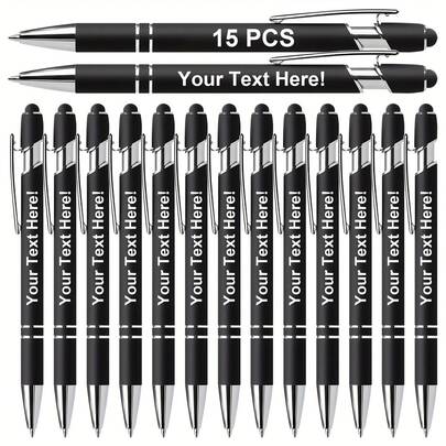 15 pièces Stylos à bille personnalisables, stylos tactiles personnalisés, stylos à encre noire imprimés en métal, légers et rétractables - excellent choix de cadeau personnalisé