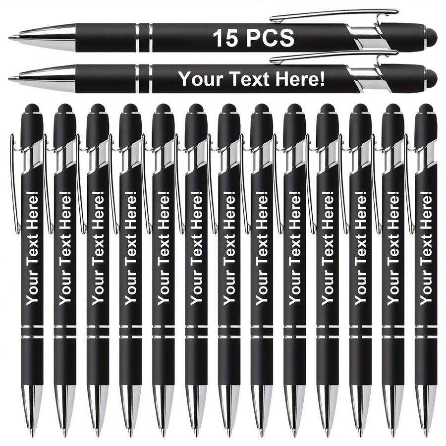 15pcs Customizable Ball Point Pens, Customized Touch Pens, Metal Printed Black Ink Pens, Lightweight & Retractable - Excellent Customized Gift Choice - Sets - View 1