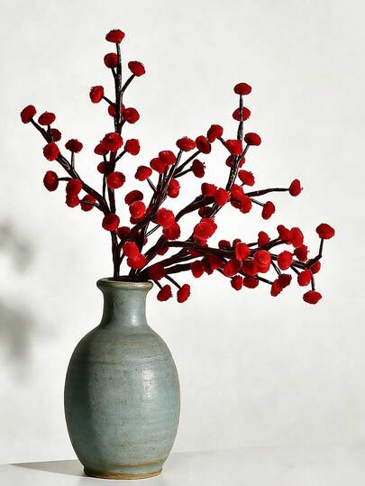 1支优雅人造红梅花花茎，适合作为母亲节礼物、婚礼装饰、花园、家居、派对、桌面装饰。