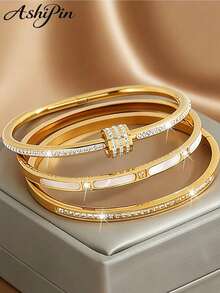 3件套奢华闪亮女士不锈钢腰珠首饰套装，适合各种场合 - 金色 - 查看 1