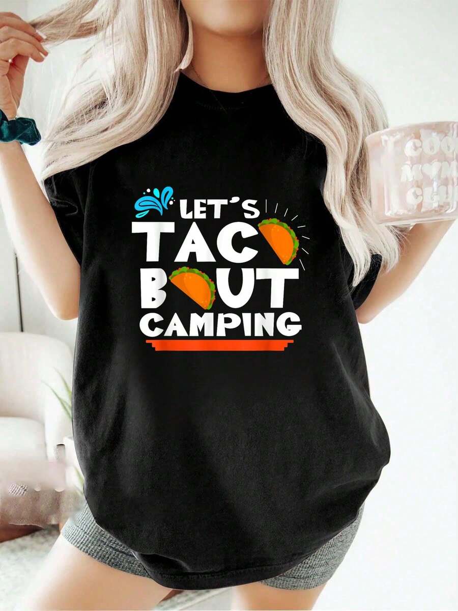 Camiseta de acampada "Let's Taco Bout" del Cinco de Mayo, holgada, informal, deportiva, de verano, con cuello redondo y manga corta, para mujer - Negro - Ver 1