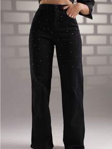 Women's Black Jeans With Rhinestone Glitter, High Waist, Premium Style - Negro - Ver 13