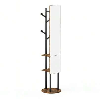 Full-Length Mirror Wardrobe With Storage, 360° Rotating Multifunctional Clothes Rack, Full-Length Mirror For The Bedroom, Wardrobe With Hooks, 174*40 Cm (Vintage Brown)