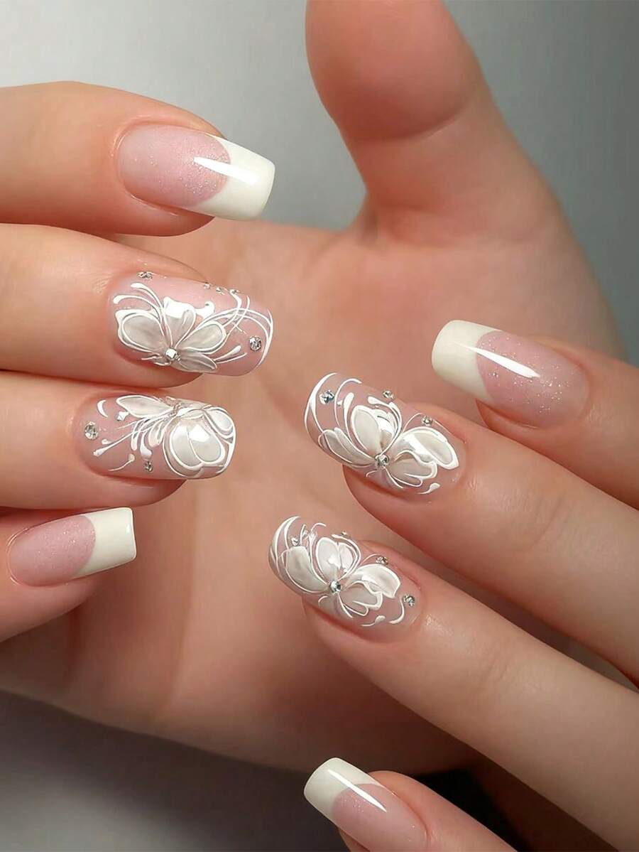 24pcs Elegant & Chic White Butterfly & Striped Rhinestone Artificial Nails, Shiny French Manicure Style, Versatile For Dates, Parties, Spring/Summer, Autumn/Winter Daily Wear, Removable Press-On Nails Set With Jelly Gel And File Included - White - View 1