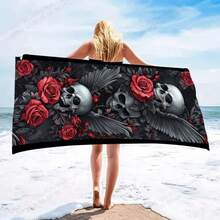 复古哥特骷髅玫瑰沙滩巾，速干防沙 | 轻便，可机洗 | 适合旅行、瑜伽、运动、露营 | 情人节或生日的完美礼物 - 骷髏 - 查看 6