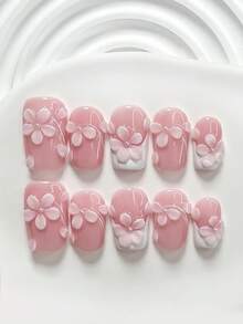 10 pièces Ensemble d'art des ongles acrylique élégant et mignon, ongles acryliques pressés, ongles à fleurs roses délicates à 5 pétales faits à la main, vernis à ongles blanc, kit d'ongles d'été idéal, comprend des outils à ongles (1 autocollant en gelée + 1 lime à ongles), 3 tailles disponibles : carré, carré court, amande, convient pour le quotidien, les fêtes, les séances photo, les déplacements au printemps et en été - Multicolore - Voir 4