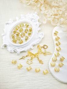 35个金色镂空花朵发圈，带蝴蝶结、音符和心形图案 - 优雅合金发饰，复古浪漫发圈，适用于可调节辫子和脏辫，爪夹 - 金色 - 查看 3