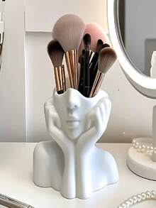 1pc Cute Face Shaped Makeup Brush Holder, Designed In Minimalist White Color To Create A Relaxing Facial Expression. This Artistic Piece Is Both Practical And Aesthetically , Suitable For Placing On The Desktop. - A - View 3