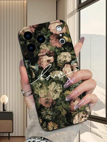 复古花卉手写“爱”字2D图案创意高端设计，防水防尘，时尚简约，带摄像头保护，黑色哑光质感全包覆式保护壳，兼容 17/16/15/14/13/12/11/7/8/XR/XS/Plus/Pro/Pro Max和Galaxy S/A系列，适合作为礼物送给朋友、家人、女朋友、男朋友，是节日送礼的完美之选。