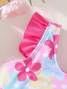 Conjunto de 2 peças para bebê menina, estilo casual, doce e fofo, para férias na praia, composto por body de tricô colorido com gola redonda e estampa floral, ideal para o verão. - Rosa Quente - Ver 4