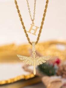 2pcs/Set New Fashion Cross Wing Pendant & 26 Letter Pendant Necklace, Stainless Steel Chain Suitable For Women's Daily, Party, Vacation Wear - Yellow Gold - View 16
