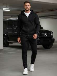 Men's Tracksuit, Including A Zip-Up Hoodie And Jogging Pants, Hooded With An Adjustable Drawstring, Pockets And Drawstrings At The Cuffs And Hems, Cotton Knit Athletic Streetwear Set. - Black - View 1