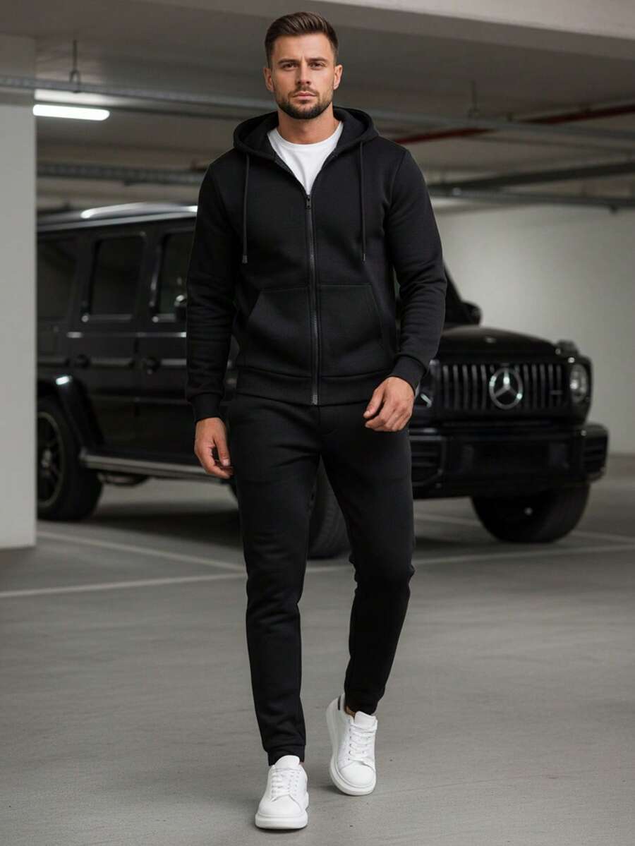 Men's Tracksuit, Including A Zip-Up Hoodie And Jogging Pants, Hooded With An Adjustable Drawstring, Pockets And Drawstrings At The Cuffs And Hems, Cotton Knit Athletic Streetwear Set. - Black - View 1