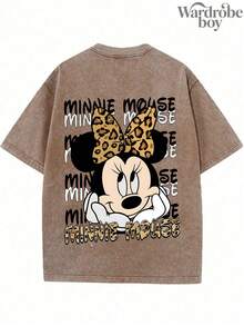 Disney Printed Wash Water T-Shirt,Disney Leopard Print Minnie  Graphic T-Shirt,Unisex,High-Quality Pure Cotton T-Shirt,Suitable For All Seasons, Comfortable And Breathable| Exquisite Design | The Best Choice For Giving Gifts - 卡其色 - 查看 2