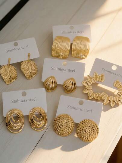 2/4 pares de pendientes de acero inoxidable chapados en oro de 18K con diseños geométricos ovalados/de hoja, conchas huecas, joyas de alta calidad hipoalergénicas para uso diario, pendientes dorados