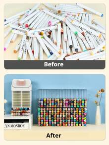 1个多功能透明桌面收纳盒，水彩笔隔层整理器，化妆刷收纳盒，18个独立隔层，可收纳72支马克笔，可堆叠设计，可水平、垂直或平放，适用于收纳整理马克笔、水彩笔和化妆刷，适用于办公室、学校、教室、卧室和书桌整理，是学生和老师的理想返校礼物。 - 彩色 - 查看 5