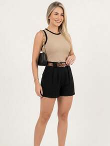 Shorts Set, With Side Pockets, With Zipper, Comes With Adjustable Belt + Cropped Top - 米色 - 查看 4